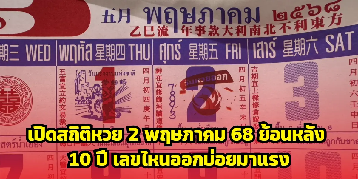เปิดสถิติหวย 2 พฤษภาคม 68 ย้อนหลัง 10 ปี เลขไหนออกบ่อยมาแรง